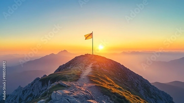 Fototapeta A road leads to a mountaintop with a flag at sunset.