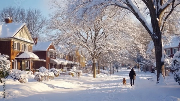 Fototapeta Strolling with a Dog Through a Snowy Neighborhood on a Winter Morning