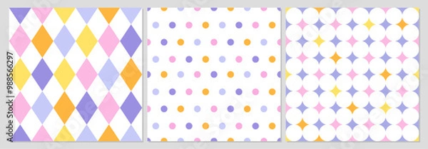 Obraz Set of cute seamless patterns. Geometric vector backgrounds. Polka dot. Texture for print, textile, fabric.