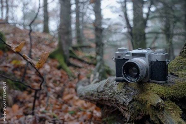 Fototapeta Vintage analog camera sits on a mossy log in an autumnal forest, capturing the beauty of nature