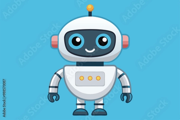 Fototapeta A cheerful white robot stands happily with a friendly smile in a vibrant blue setting, a cartoon character cute white robot