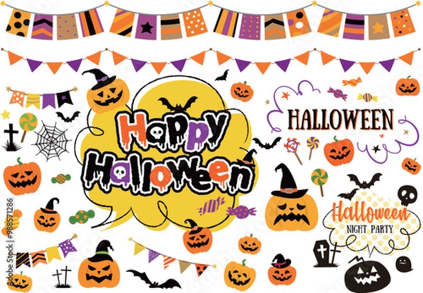 Fototapeta ハロウィン イラスト 吹き出し ロゴ 見出し アイコン フレーム ガーランド 背景 セット