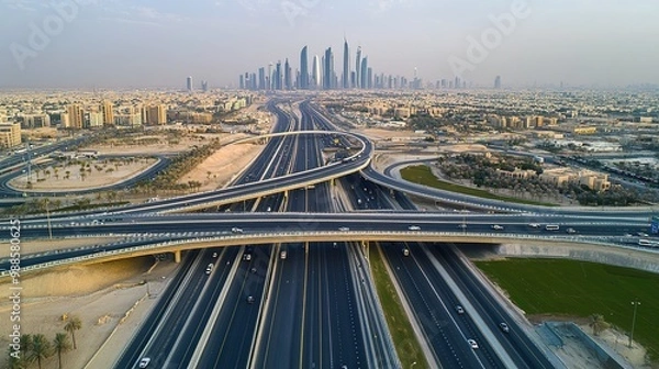 Fototapeta Aerial view of Riyadh's highways and modern infrastructure, with the skyline in the distance