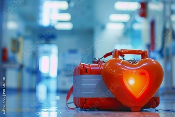 Fototapeta Portable defibrillator standing on the floor in a hospital corridor, ready to provide life saving defibrillation