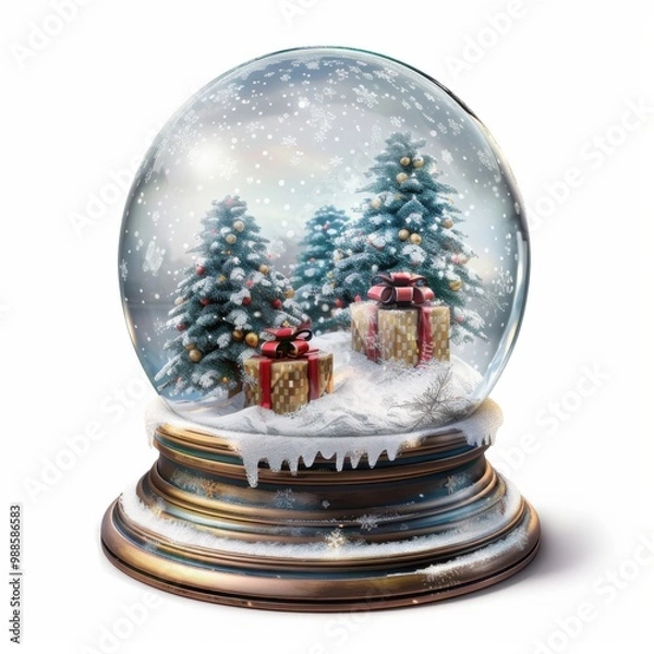 Fototapeta A Christmas snow globe with trees and two presents on the snow.