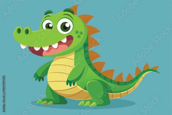 Fototapeta A friendly green crocodile character with a big smile and colorful spikes poses joyfully against a blue backdrop, a cartoon character of a Cute crocodile cartoon