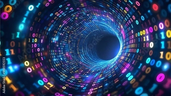 Obraz Abstract image of a vibrant data tunnel, showcasing flying binary code bytes in a vortex with lens flares and depth effects, Generative AI.