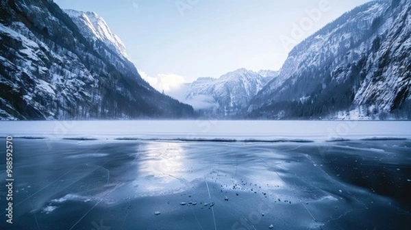 Obraz Frozen lake surrounded by snow-covered mountains, soft light reflecting off the ice, ample space in the sky for copy. 