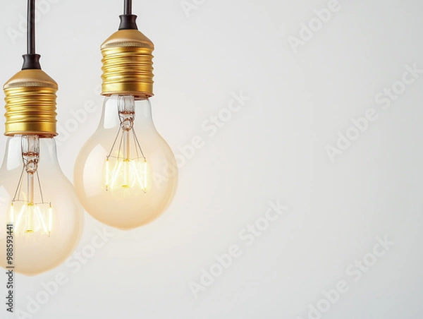 Fototapeta lightbulbs protected by wire hang in front of a white wall inside