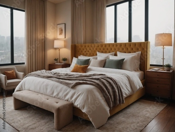 Fototapeta An elegant master bedroom interior design 3d illustration template and interior rendering mockup template.