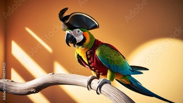 Fototapeta A portrait of a parrot dressed as a pirate, complete with a miniature eye patch and feathered hat, perched on a branch with bright lighting enhancing its colorful costume