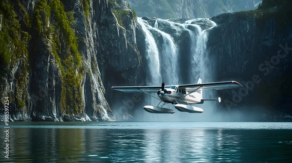 Fototapeta A classic seaplane making a precision landing on a secluded bay framed by towering cliffs and waterfalls cascading into the sea.