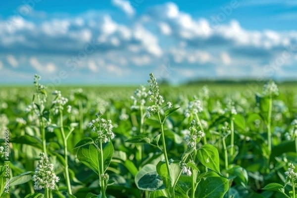 Fototapeta Buckwheat plants growing in a field, creating a sea of green with their lush leaves and delicate white flowers