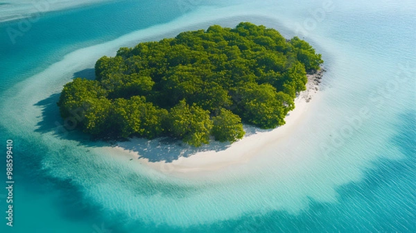 Fototapeta An untouched island with white sandy beaches and dense mangroves surrounded by azure waters.