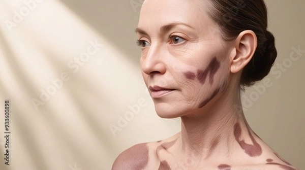 Fototapeta A side view of a patient with vitiligo, showcasing areas of depigmented skin on their face and neck, with a neutral background to focus on the condition