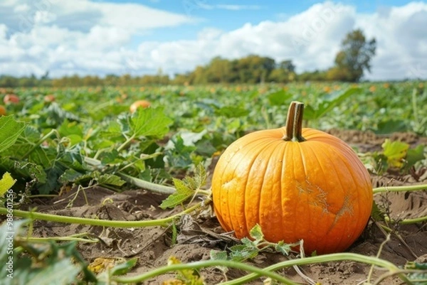 Fototapeta Large ripe pumpkin growing on the vine in a pumpkin patch field