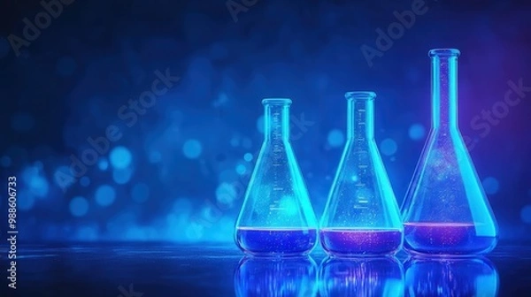 Obraz Vibrant Glass Chemistry, four unique glass flasks illuminated by blue neon light, set against a deep blue background, showcasing their shapes and colors in striking contrast.