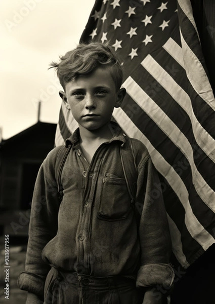 Fototapeta A solemn young boy stands in front of an American flag. His worn clothing and serious expression evoke a sense of resilience and patriotism, hinting at a historical or wartime setting.
