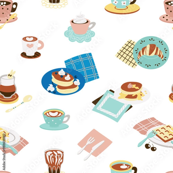 Fototapeta Breakfast seamless pattern. Pancakes with berries on plate, cup of hot and cold coffee. Colorful, bright design. 
