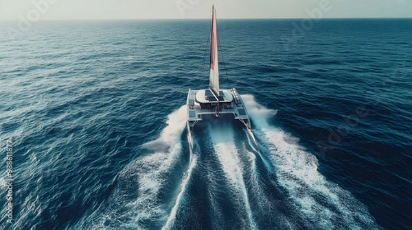 Fototapeta A modern catamaran slicing through the waves at high speed with a clear horizon ahead.