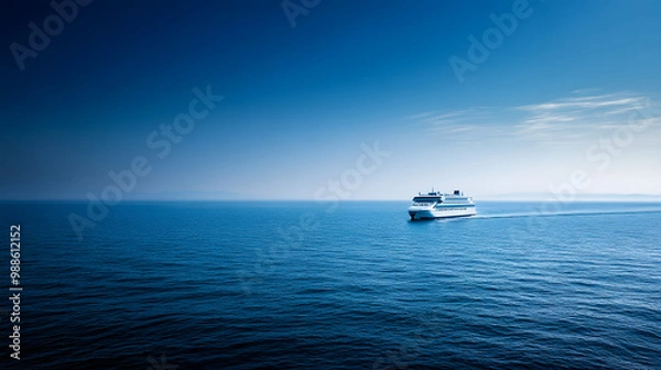 Fototapeta A modern ferry cruising across a vast ocean under a clear blue sky with the distant coastline barely visible.