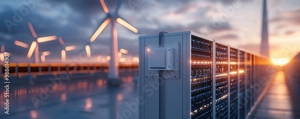 Obraz A futuristic landscape featuring wind turbines and a battery storage system, highlighting renewable energy technology during sunset.