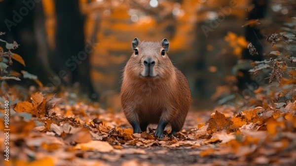Fototapeta Capybara in a Colorful Autumn Forest Path