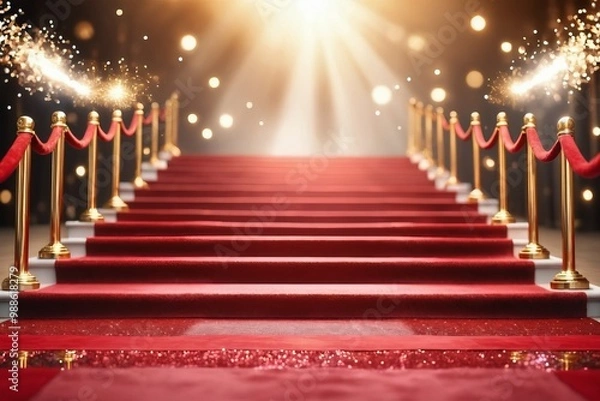 Fototapeta A red carpet staircase adorned with spotlights, golden poles, blurred light background, creates a warm glow for a festive celebration at night