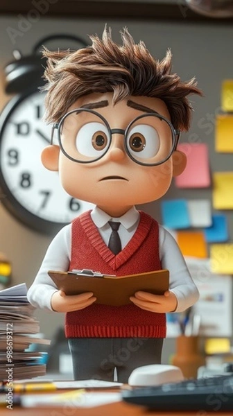 Obraz Cartoon Character with Glasses and Clipboard Holding a Document