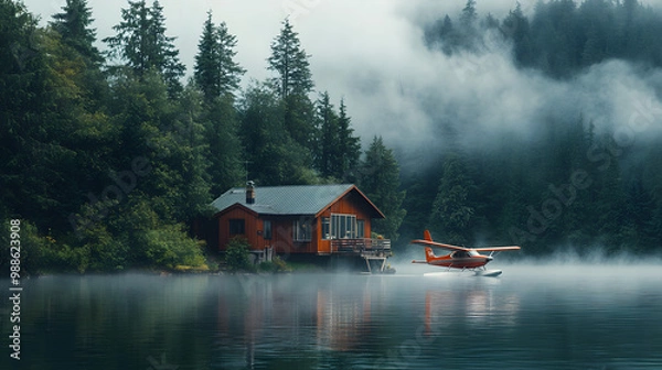 Fototapeta A small floatplane landing on a serene lake with mist rolling off the water and a small cabin on the island shore.