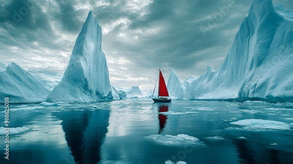 Fototapeta A small sailboat navigating through icy waters with towering icebergs surrounding it under a cloudy sky.