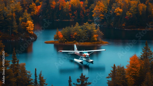 Fototapeta A small seaplane making a gentle landing on a peaceful lake surrounded by autumn foliage with a quaint island in the center.