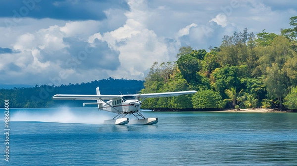 Fototapeta A small seaplane performing a water landing on the serene bay of an island nature reserve with exotic wildlife.