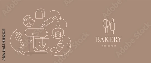 Fototapeta Hand drawn illustration for Bakery. Icons. Food processor, cake, rolling pin, dough, whisk, bakeware dish, cookie and croissant. Template for background, banner, menu, card, poster. 