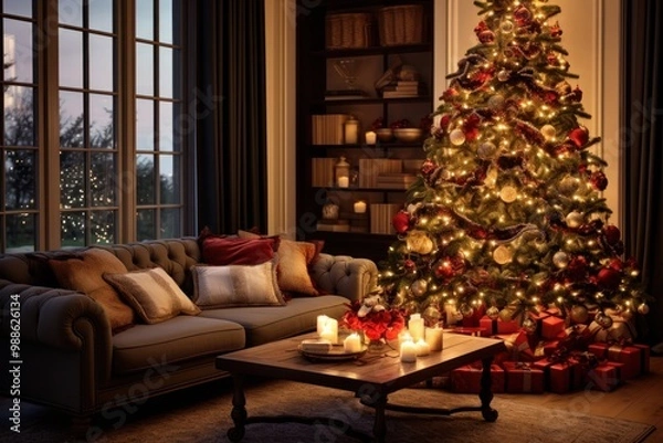 Fototapeta Warm living room christmas decoration furniture.