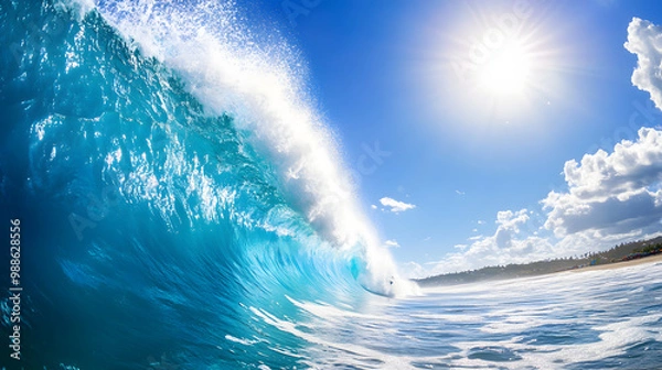 Fototapeta A surfers paradise with large waves rolling in under a clear sunny sky.