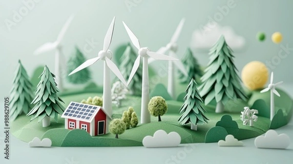 Obraz Sustainable Future: Paper Craft Wind Turbines and Solar Farms in Perfect Harmony, Generative Ai