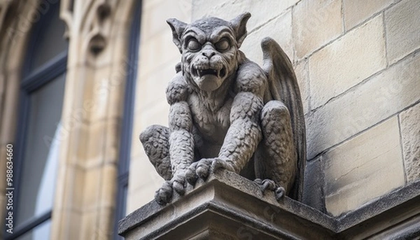 Fototapeta An ornate gothic gargoyle with winged details on the facade of a stunning ancient architecture
