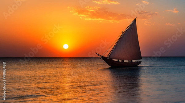 Fototapeta A traditional dhow sailing along a sandy coastline at sunset with its sails catching the golden light.