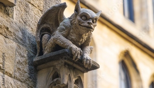 Fototapeta An ornate gothic gargoyle with winged details on the facade of a stunning ancient architecture