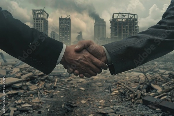 Fototapeta ai generative businessman shaking hands with destroyed city background
