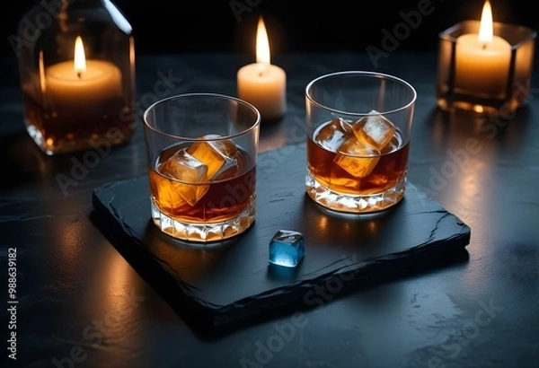 Obraz A glass of amber-colored liquor, likely whiskey or bourbon, with ice cubes
