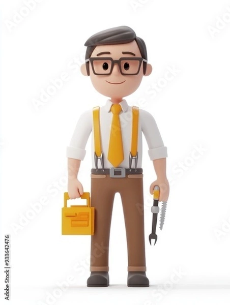 Obraz A cheerful cartoon character dressed for work, holding tools and a briefcase.