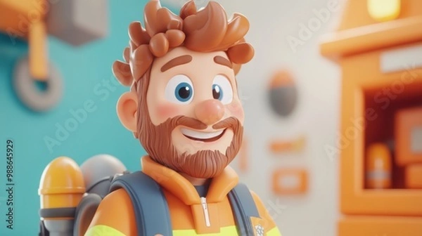 Fototapeta A cheerful animated character in a safety outfit, smiling with a backpack in a colorful setting.