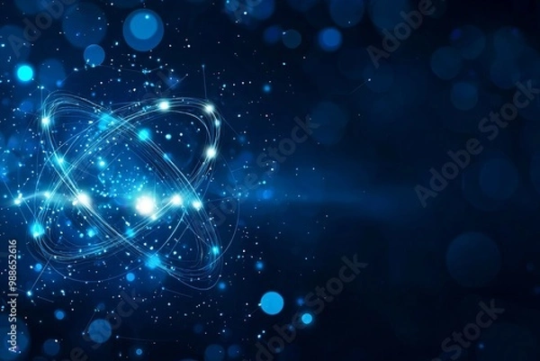 Fototapeta Abstract digital background with atom symbol and glowing particles.