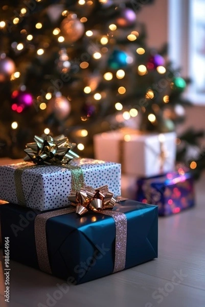 Fototapeta Beautifully wrapped gifts are stacked near a Christmas tree adorned with colorful lights, creating a festive and joyful atmosphere.
