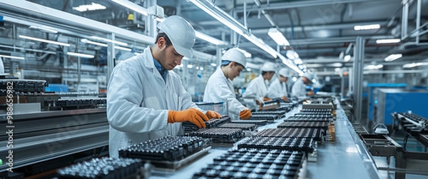Fototapeta Workers inspecting and assembling lithium-ion batteries in a factory. Concept: Battery Manufacturing, Quality Control, Factory Production