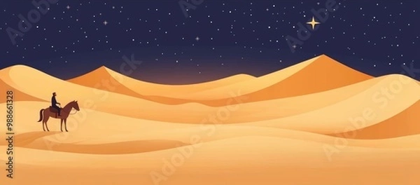 Fototapeta An expansive desert landscape under a star-lit sky, a lone traveler on horseback silhouetted against the dunes