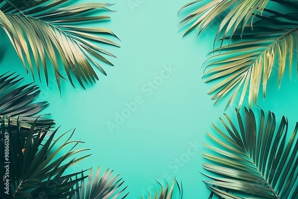 Fototapeta Tropical Palm Leaves Background on Turquoise