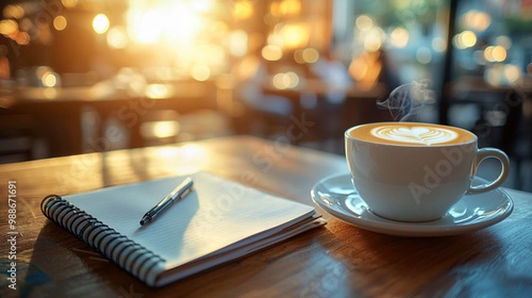 Fototapeta A white coffee cup with a heart design sits on a table next to a notebook